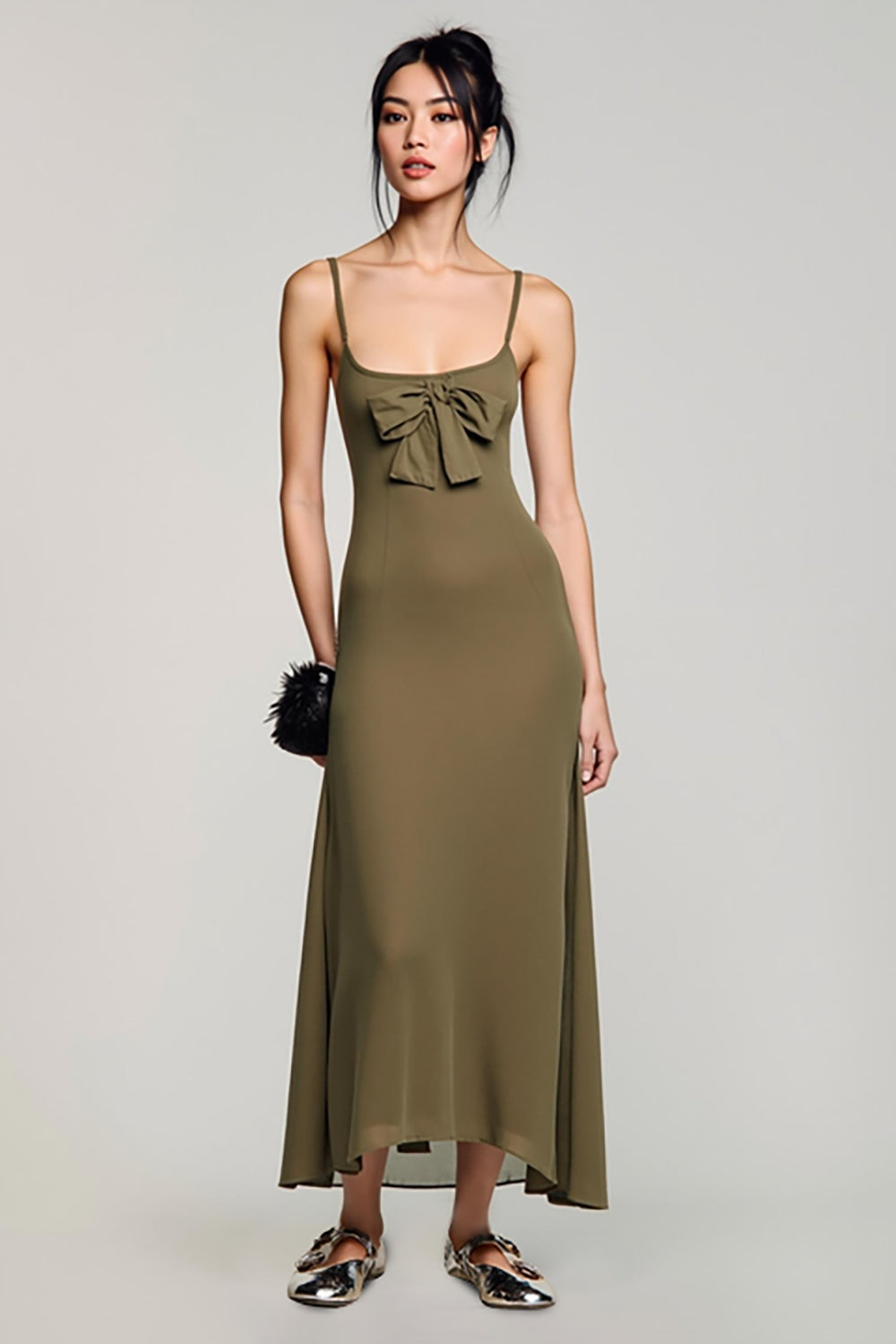 Olive Chiffon Spaghetti Straps Wedding Guest Dress with Bowknot