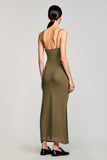 Olive Chiffon Spaghetti Straps Wedding Guest Dress with Bowknot
