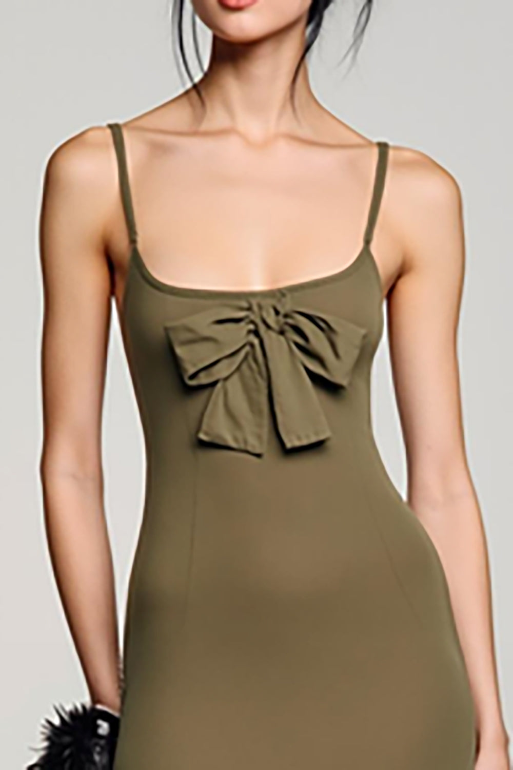 Olive Chiffon Spaghetti Straps Wedding Guest Dress with Bowknot