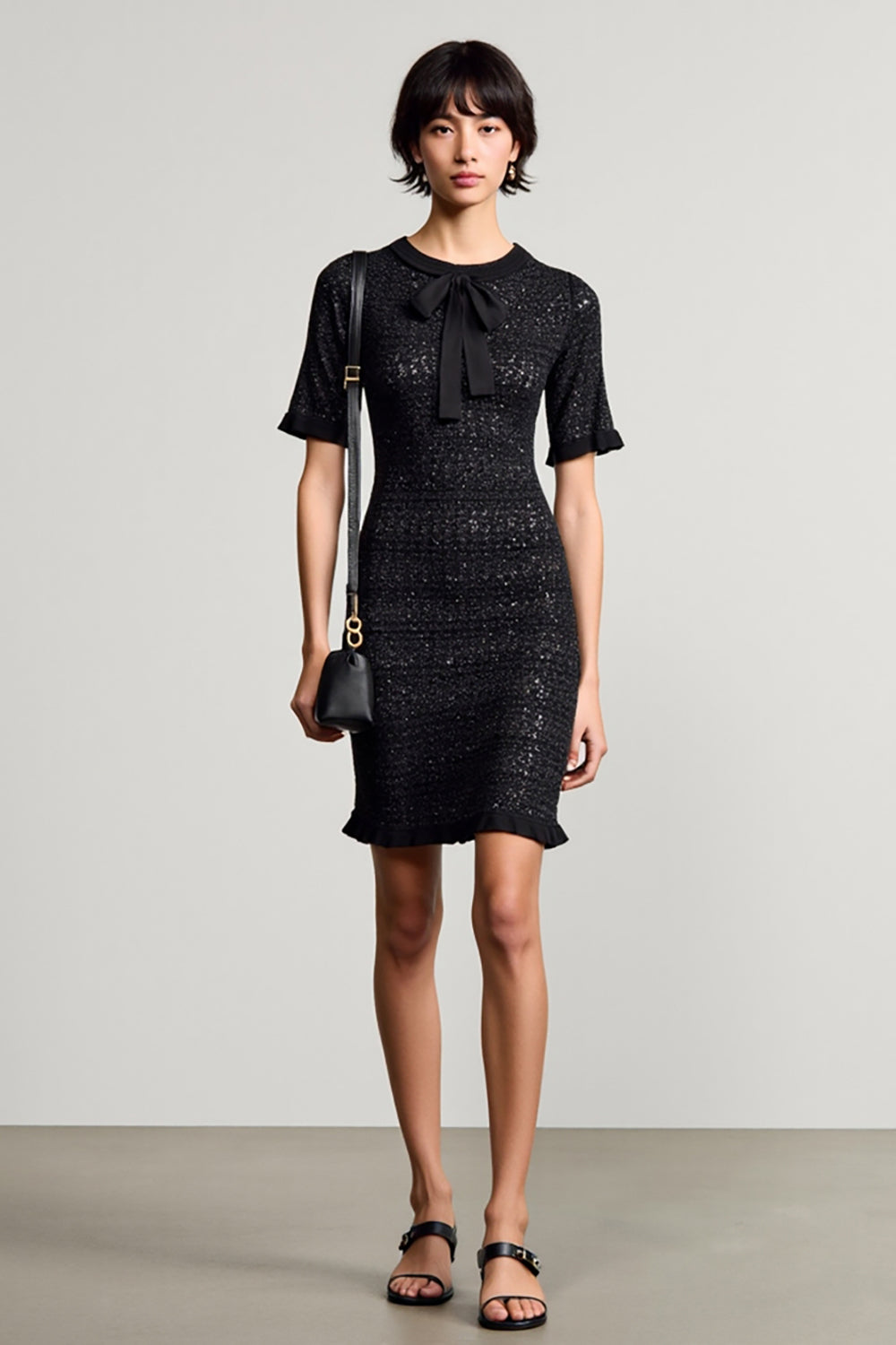 Black Jersey Round Neck Sheath Wedding Guest Dress