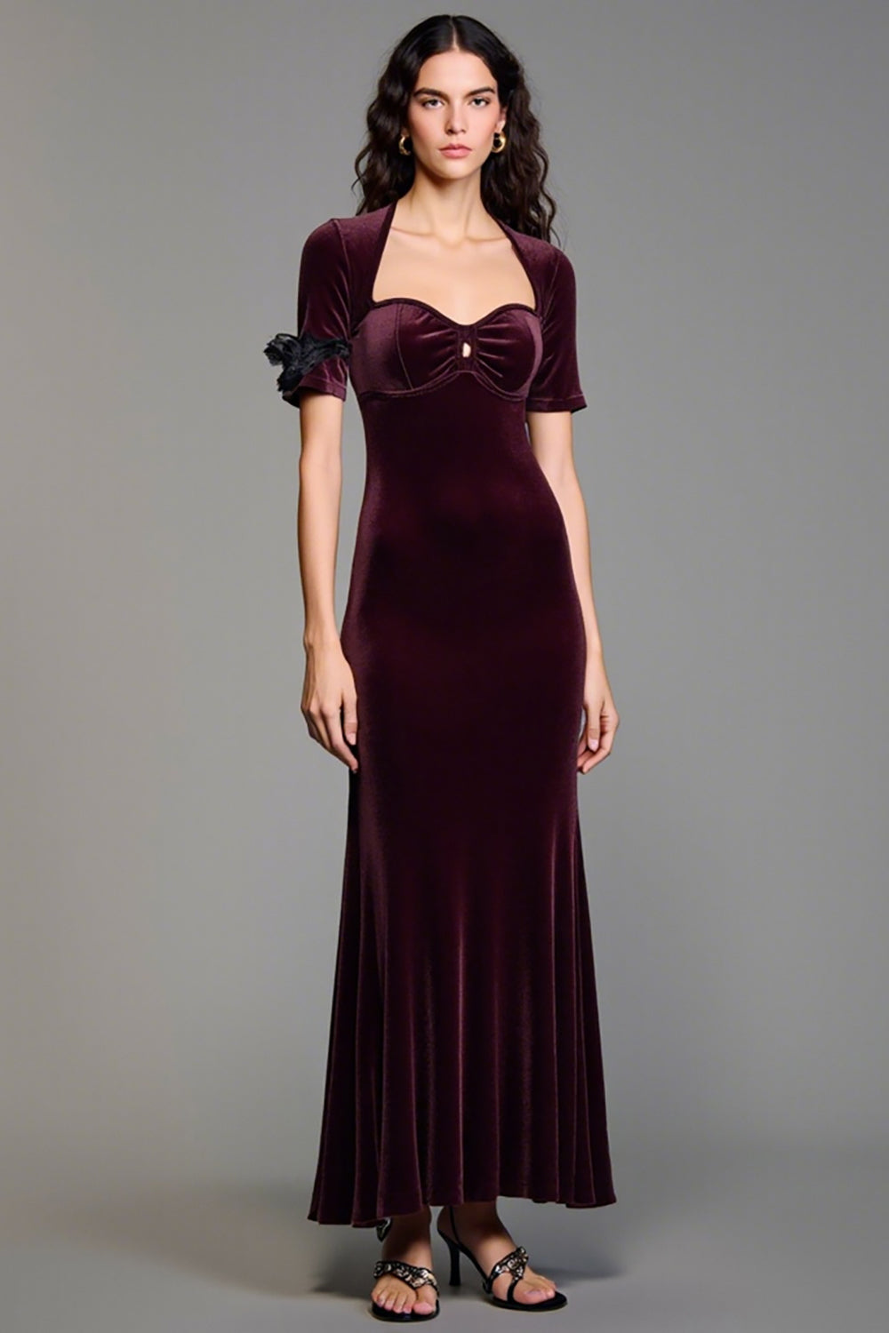Burgundy Velvet Square Neck Wedding Guest Dress