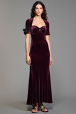 Burgundy Velvet Square Neck Wedding Guest Dress