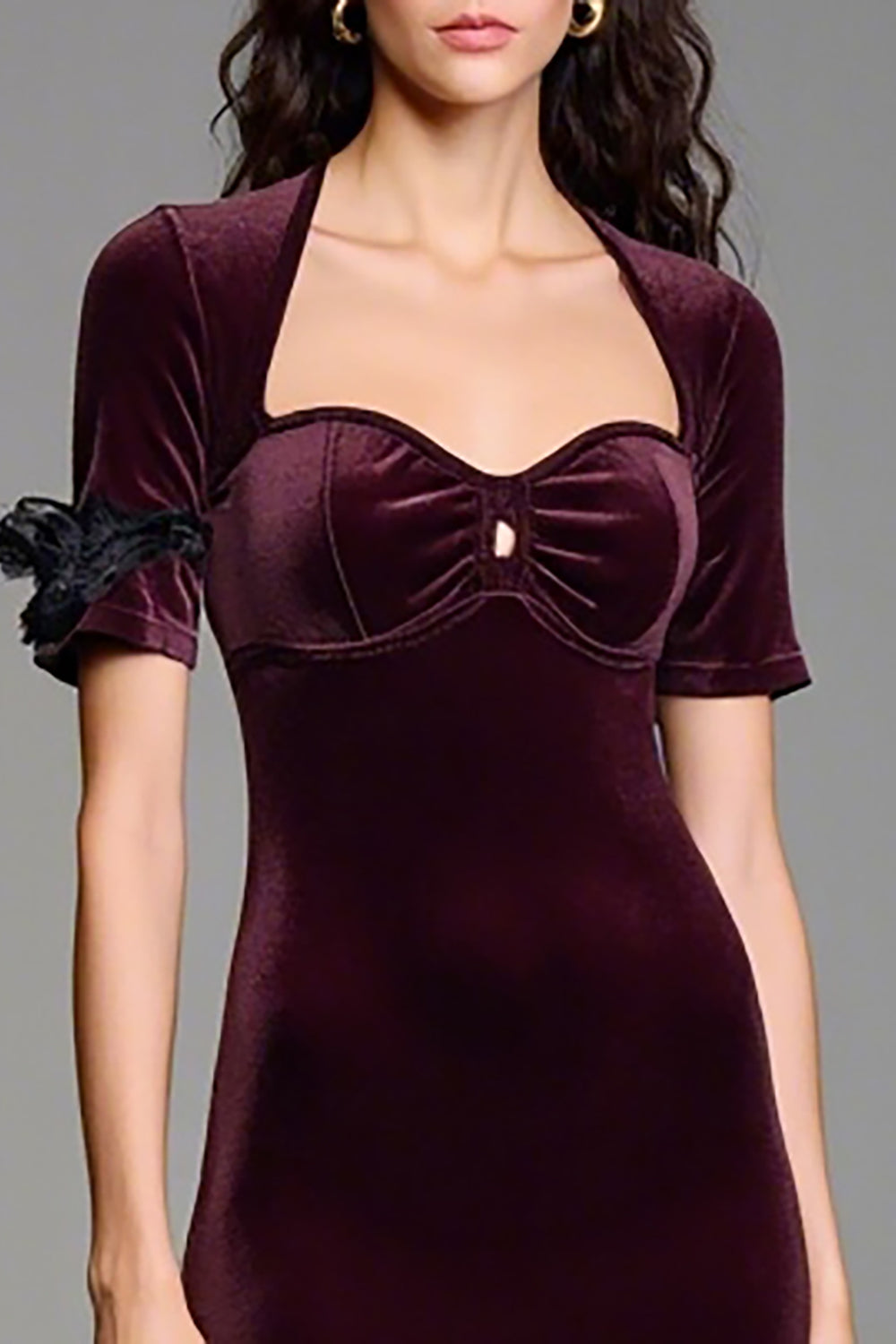 Burgundy Velvet Square Neck Wedding Guest Dress