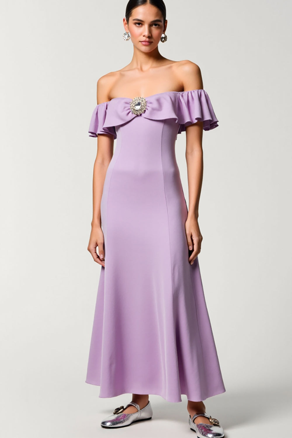 Chiffon Purple Off the Shoulder A Line Wedding Guest Dress