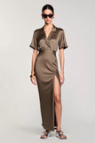 Olive Sheath Notched Lapel Wedding Guest Dress with Slit