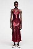 Sparkly Dark Red Sequins Halter Wedding Guest Dress