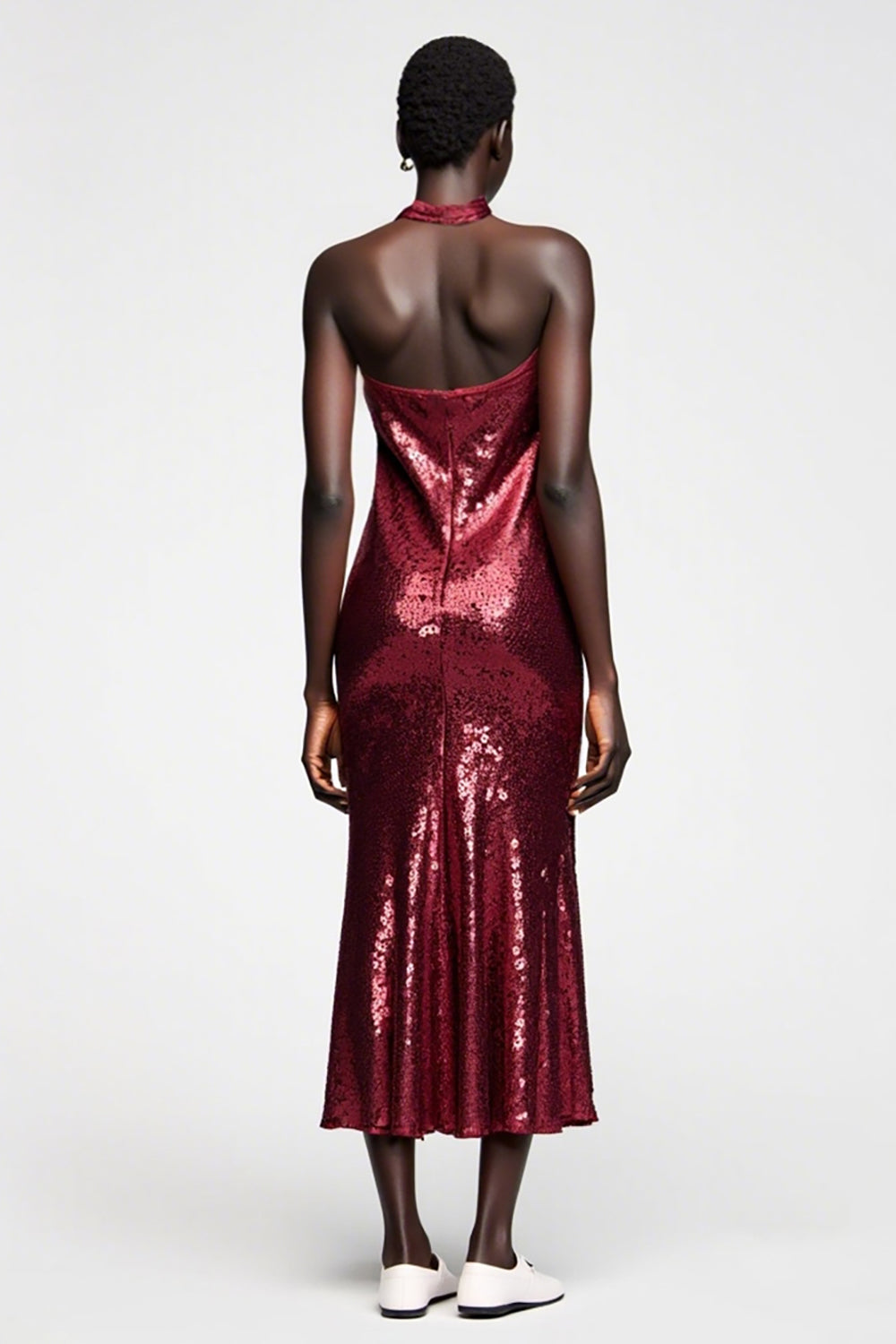 Sparkly Dark Red Sequins Halter Wedding Guest Dress