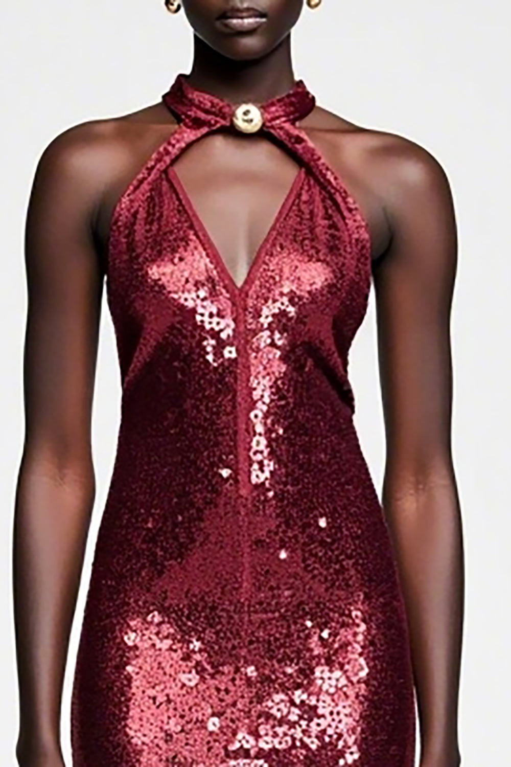 Sparkly Dark Red Sequins Halter Wedding Guest Dress