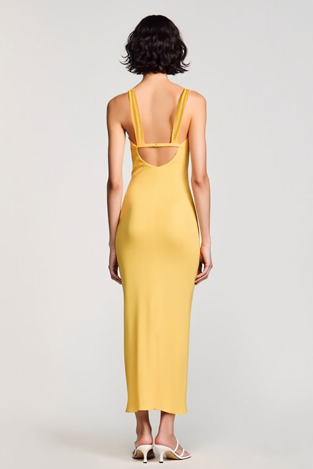 Yellow Sheath V Neck Ruched Wedding Guest Dress