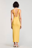 Yellow Sheath V Neck Ruched Wedding Guest Dress