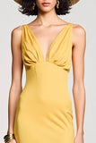 Yellow Sheath V Neck Ruched Wedding Guest Dress