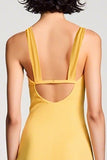 Yellow Sheath V Neck Ruched Wedding Guest Dress