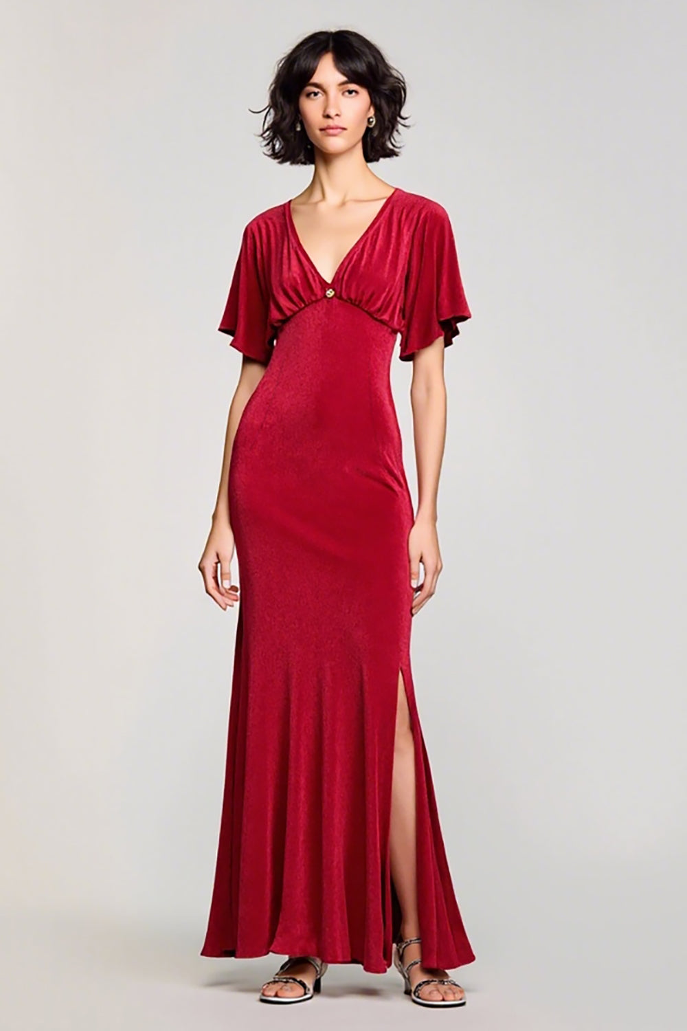 Velvet Red V Neck Wedding Guest Dress with Slit