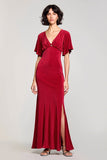 Velvet Red V Neck Wedding Guest Dress with Slit
