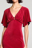 Velvet Red V Neck Wedding Guest Dress with Slit