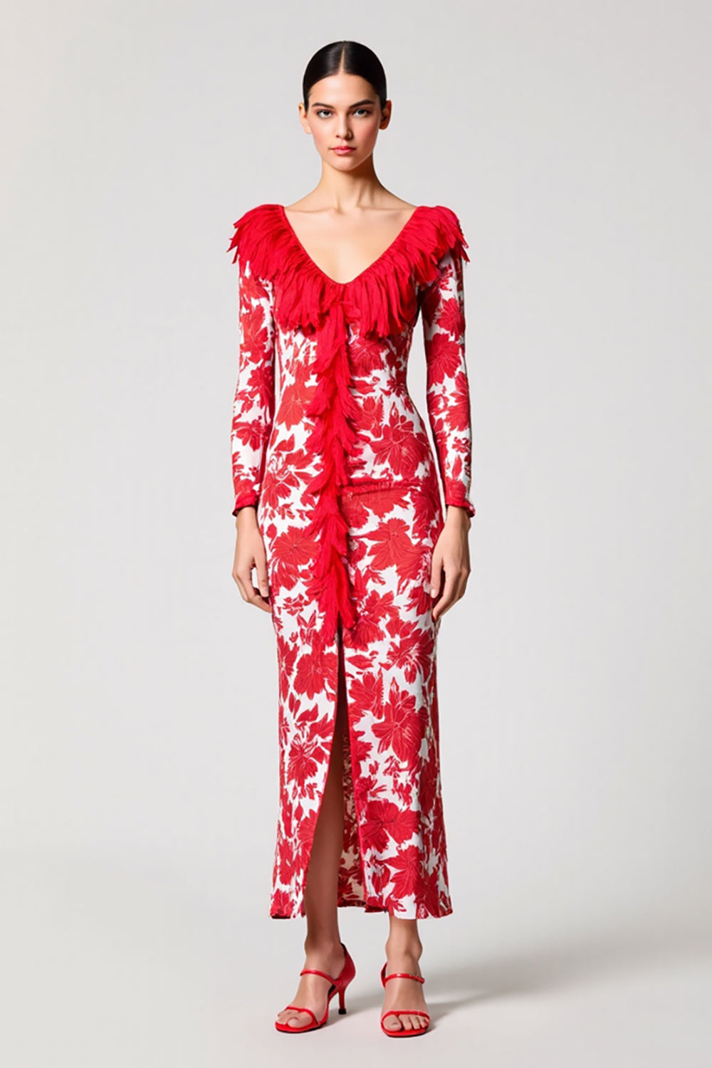 Red Printed Satin V Neck Sheath Wedding Guest Dress