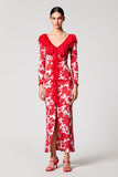 Red Printed Satin V Neck Sheath Wedding Guest Dress