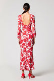 Red Printed Satin V Neck Sheath Wedding Guest Dress