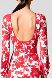 Red Printed Satin V Neck Sheath Wedding Guest Dress