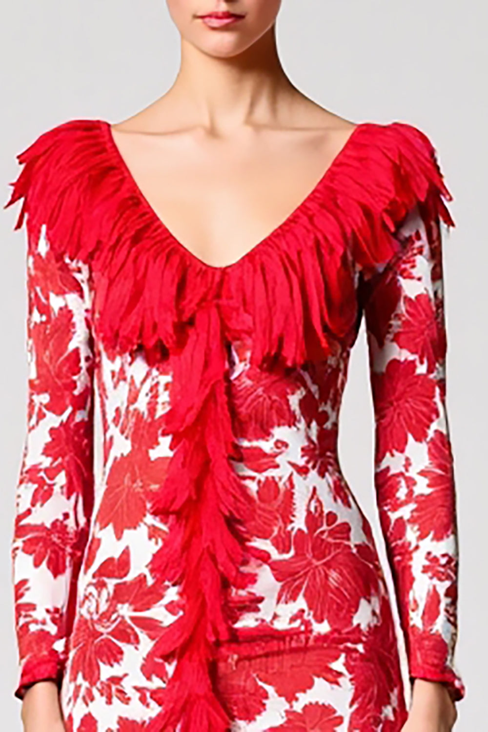 Red Printed Satin V Neck Sheath Wedding Guest Dress