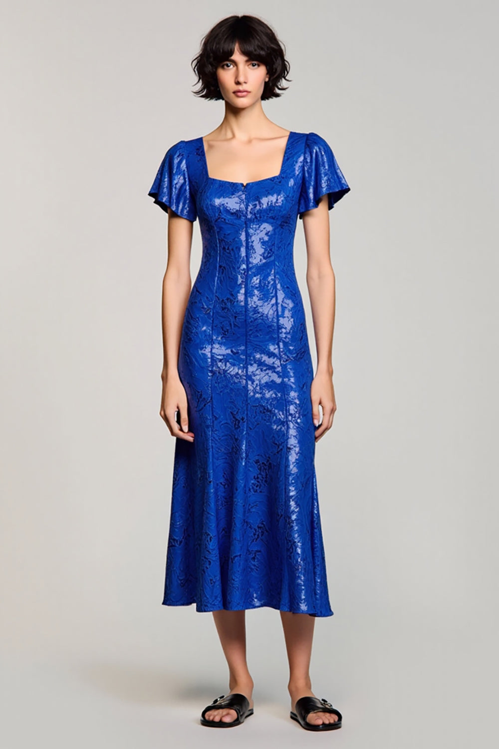 Sparkly Royal Blue Sequins Square Neck Wedding Guest Dress