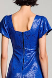 Sparkly Royal Blue Sequins Square Neck Wedding Guest Dress