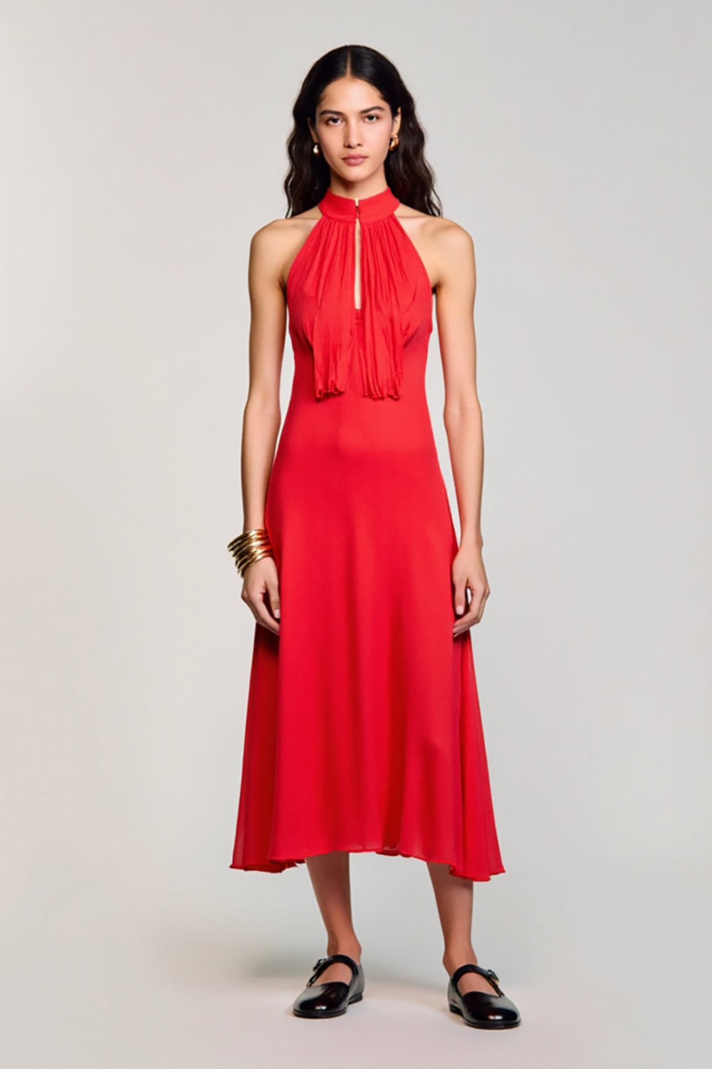 Halter Red Ruched A Line Wedding Guest Dress