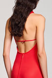 Halter Red Ruched A Line Wedding Guest Dress