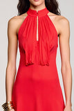 Halter Red Ruched A Line Wedding Guest Dress