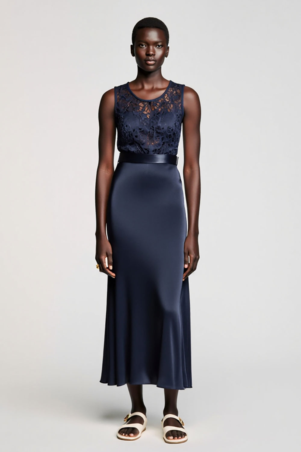 Dark Blue Lace Satin A Line Wedding Guest Dress
