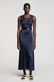 Dark Blue Lace Satin A Line Wedding Guest Dress