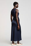 Dark Blue Lace Satin A Line Wedding Guest Dress