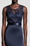 Dark Blue Lace Satin A Line Wedding Guest Dress