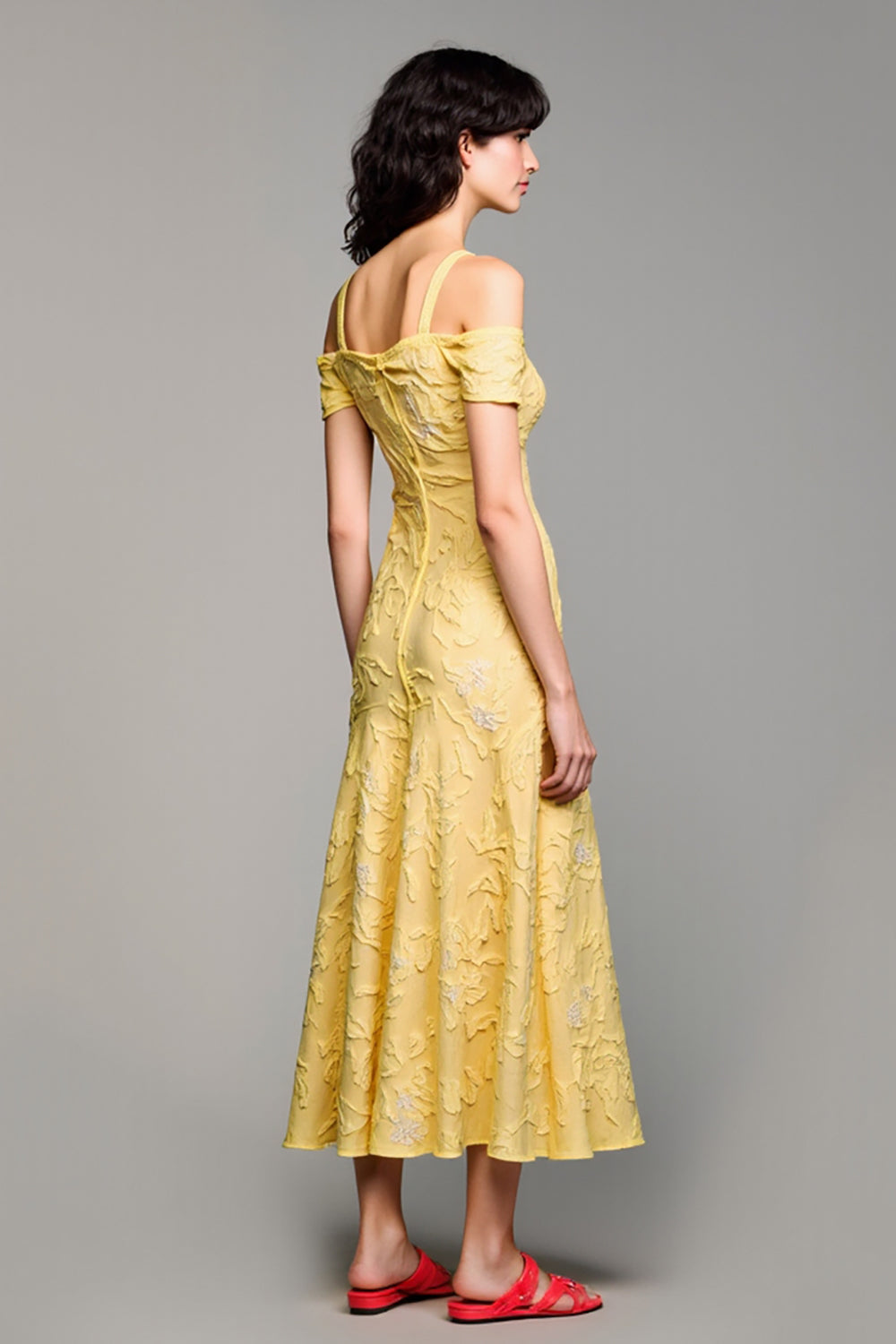 Cold Shoulder A Line Yellow Jacquard Wedding Guest Dress