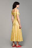 Cold Shoulder A Line Yellow Jacquard Wedding Guest Dress