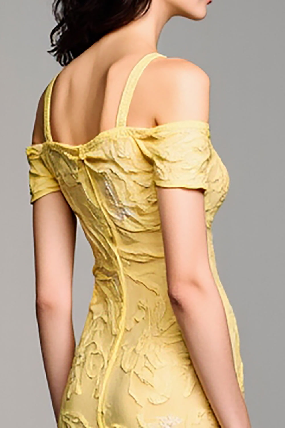 Cold Shoulder A Line Yellow Jacquard Wedding Guest Dress