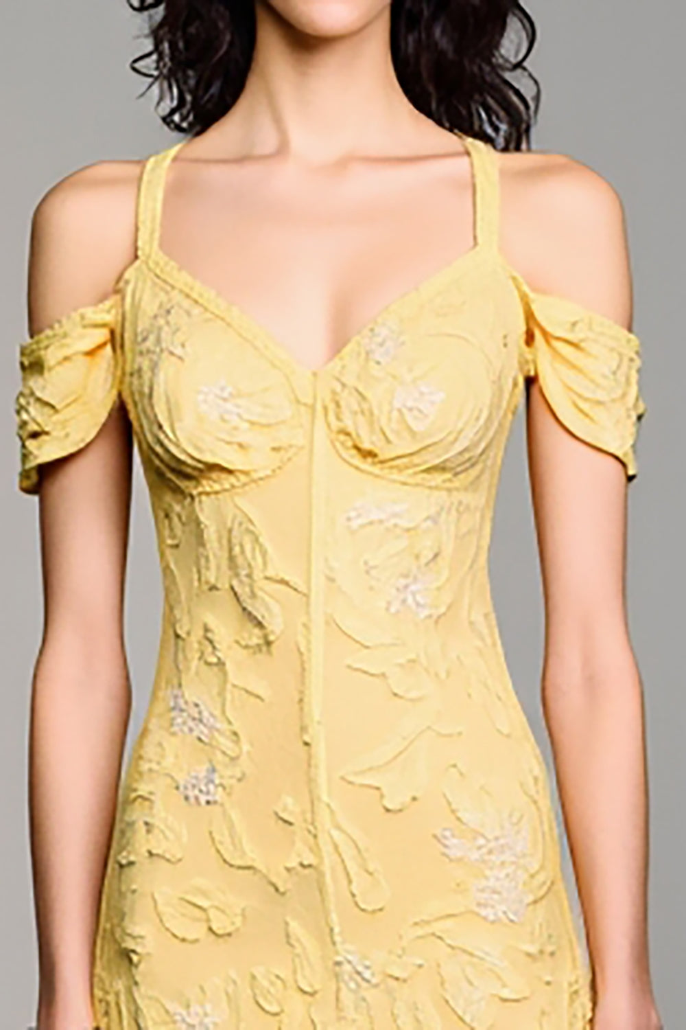 Cold Shoulder A Line Yellow Jacquard Wedding Guest Dress