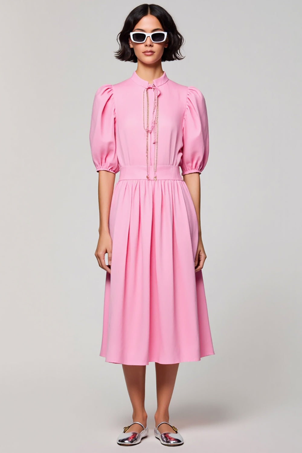 Pink Cotton Ruched A Line Wedding Guest Dress