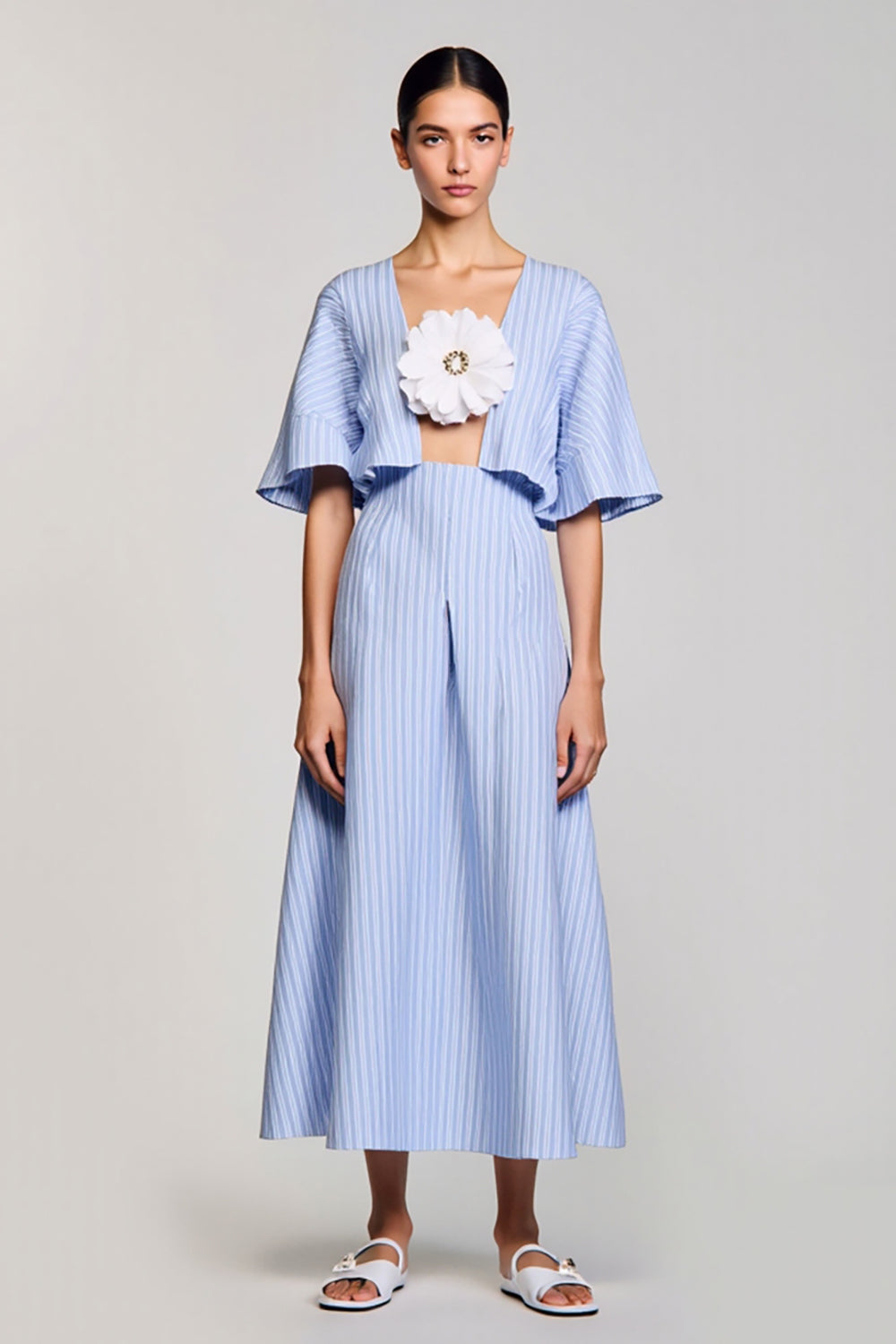 Blue A Line Striped 3D Flower Wedding Guest Dress