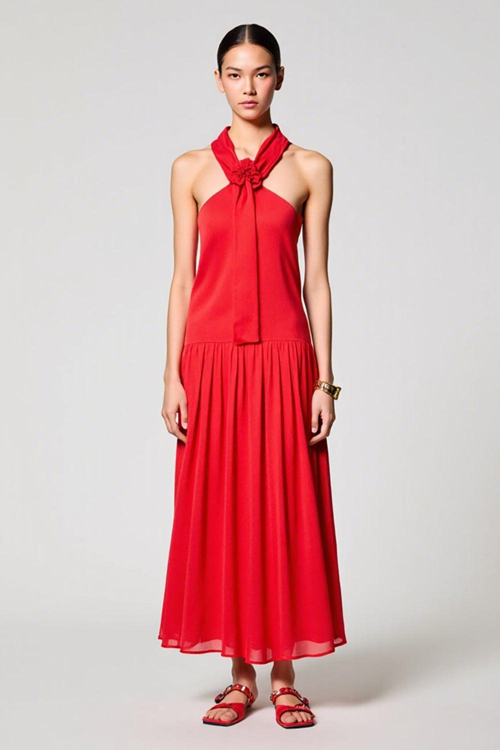 Red Halter Chiffon A Line Wedding Guest Dress