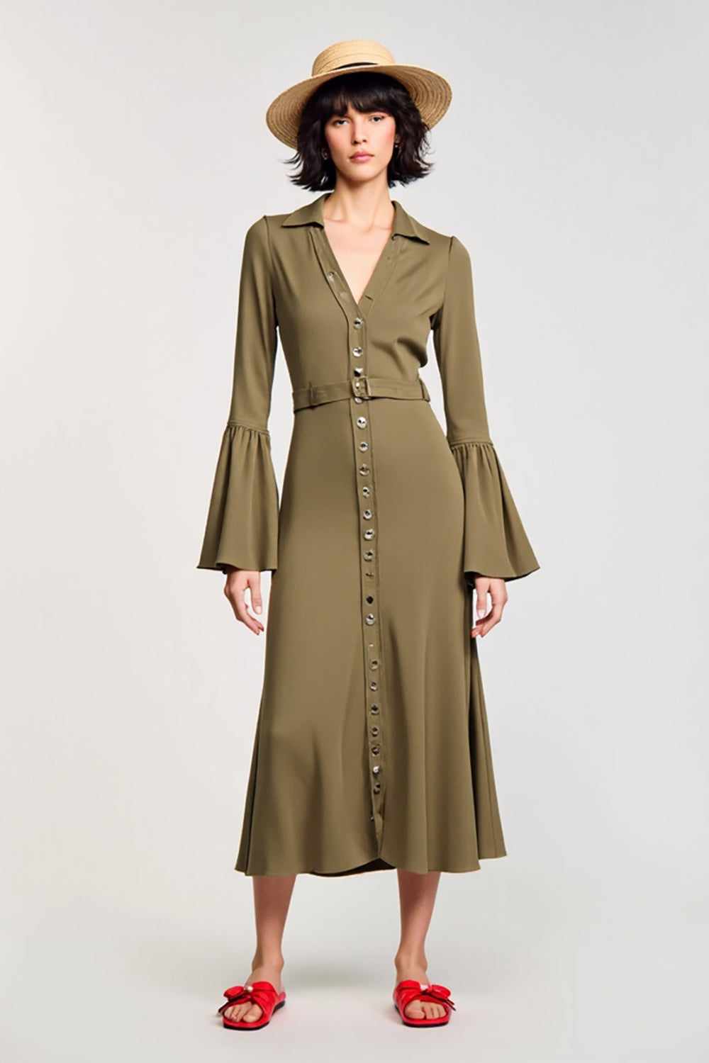 Olive Chiffon A Line V Neck Wedding Guest Dress