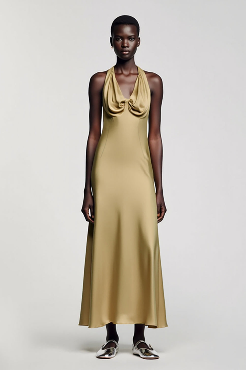 Gold Halter Satin A Line Wedding Guest Dress