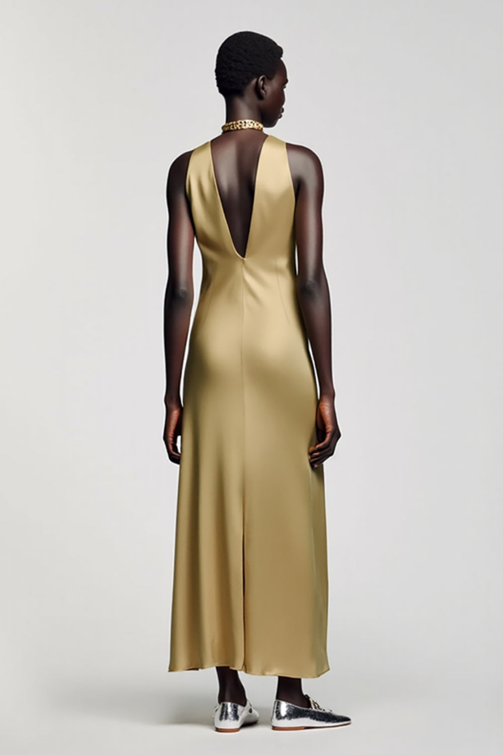 Gold Halter Satin A Line Wedding Guest Dress