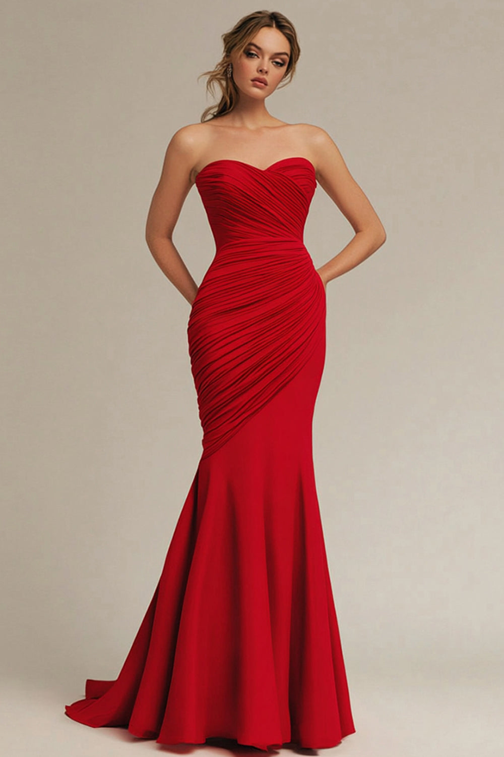 Strapless Matte Satin  Red Pleated Mermaid Evening Dress