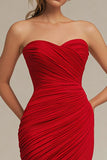Strapless Matte Satin  Red Pleated Mermaid Evening Dress