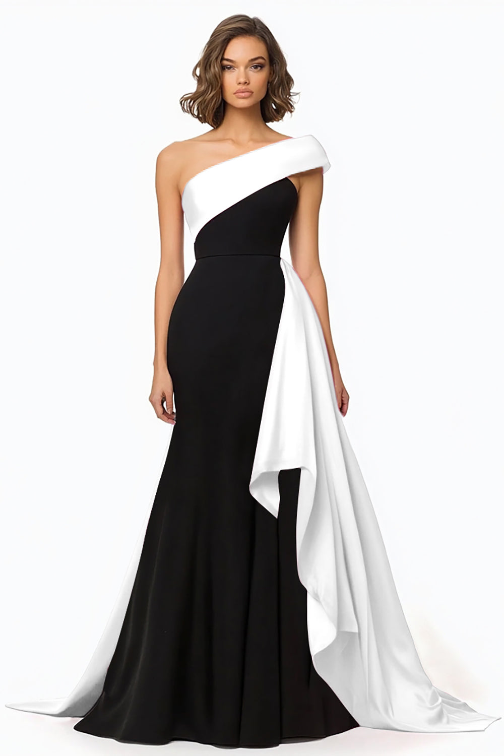 Black and White One Shoulder Ruffled Evening Dress