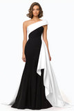 Black and White One Shoulder Ruffled Evening Dress