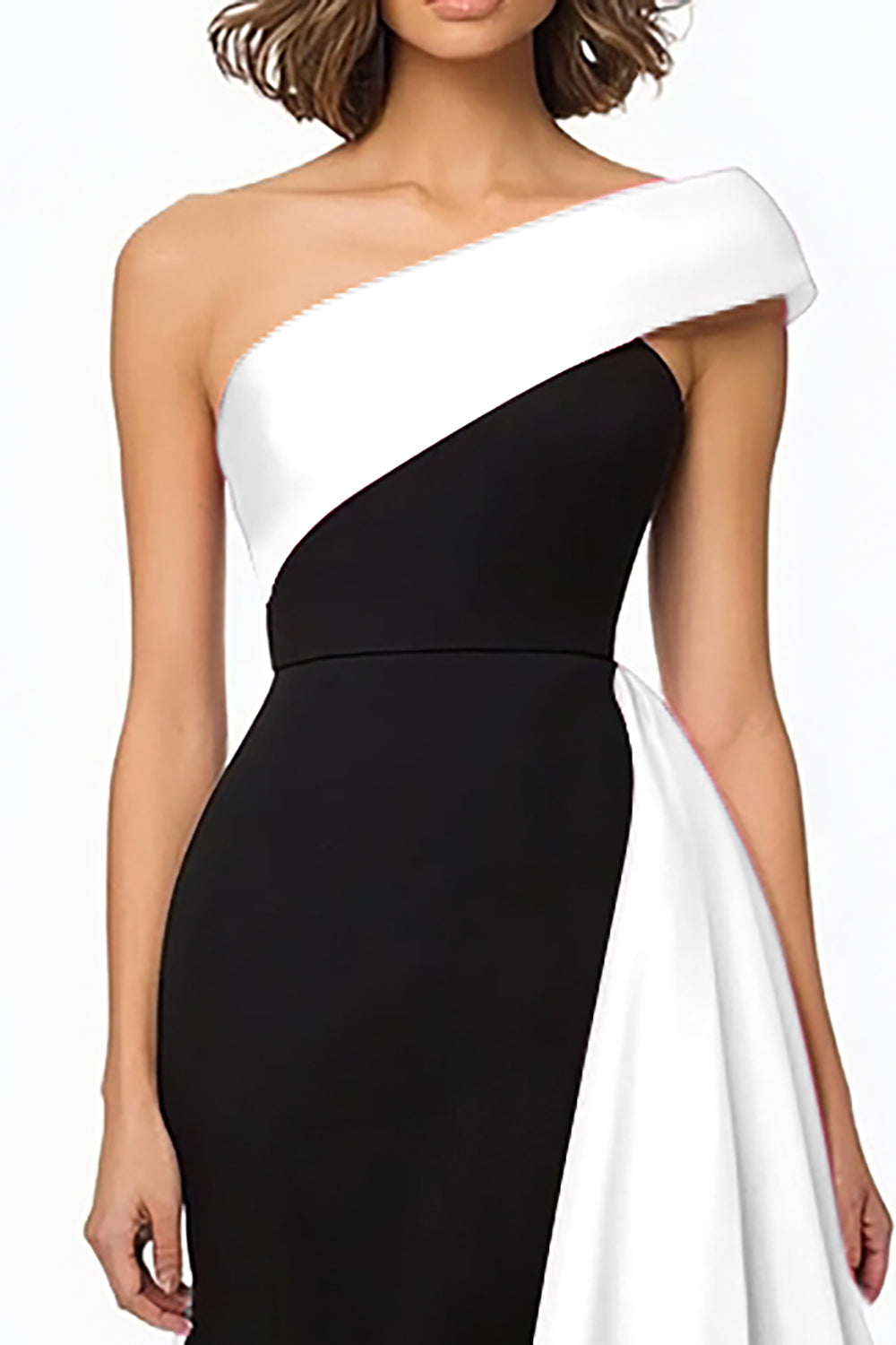 Black and White One Shoulder Ruffled Evening Dress