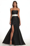Black Satin Mermaid Strapless Long Evening Dress with Slit