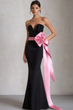 Black and Pink Sheath Strapless Satin Long Evening Dress with Bow